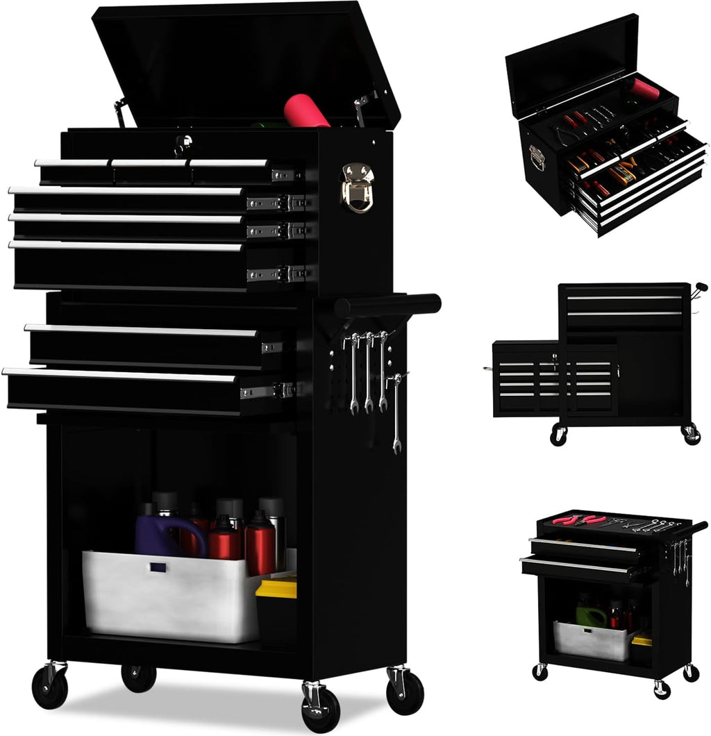 8-Drawer Rolling Tool Chest, High-Capacity Lockable Tool Box with Wheels, 2-in-1 Portable Tool Storage Cabinet for Garage, Workshop, and Repair Shops