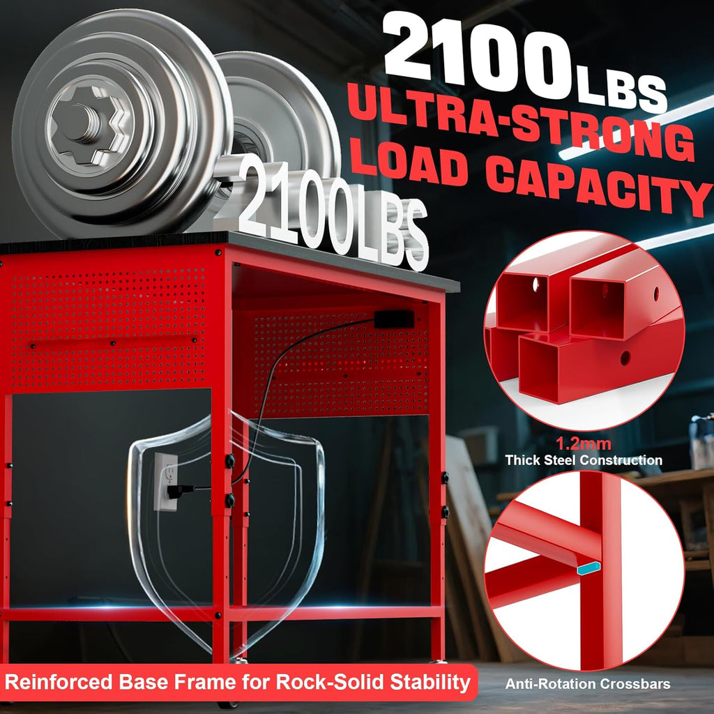 47" Heavy-Duty Workbench with Power Outlet & USB-C, Adjustable Height, 2100 lb Capacity, Locking Wheels, and Exclusive Yellow Side Battery Holder for Garage & Workshop