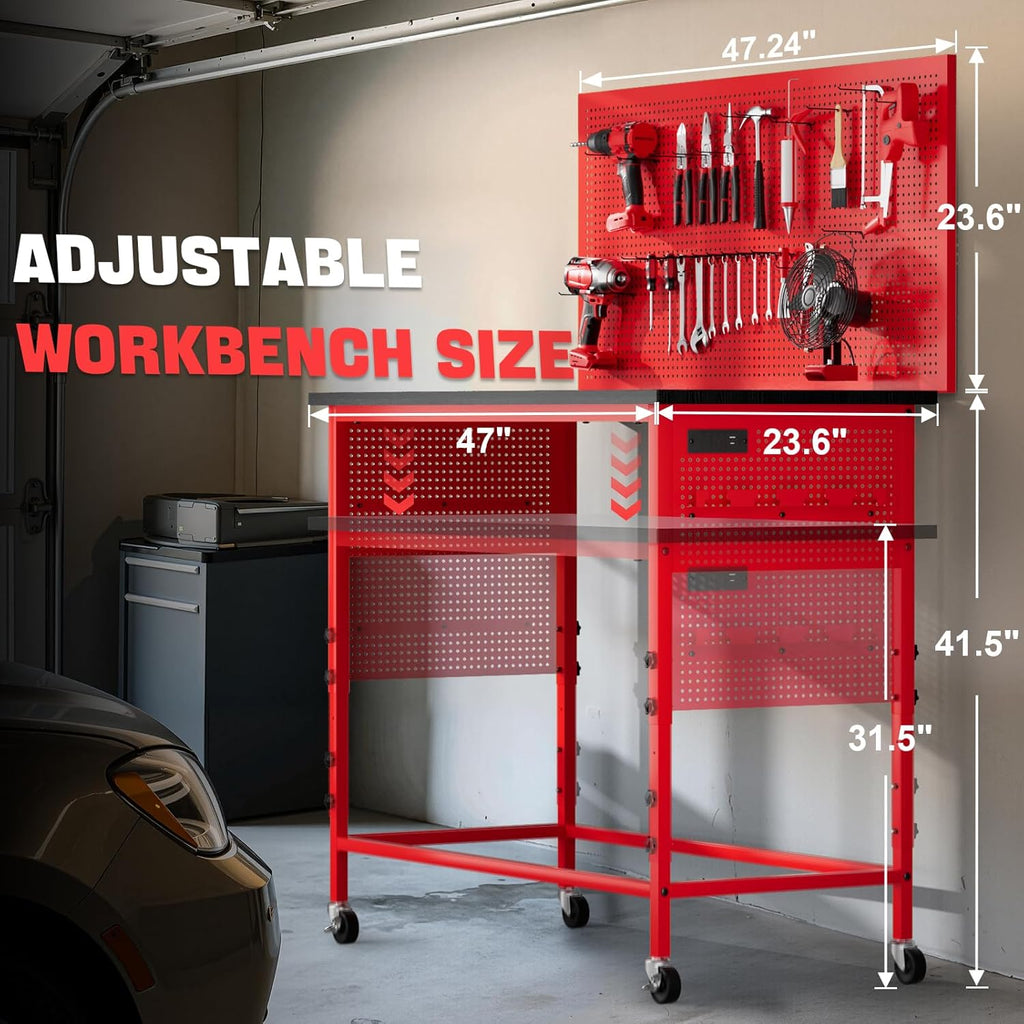47" Heavy-Duty Workbench with Power Outlet & USB-C, Adjustable Height, 2100 lb Capacity, Locking Wheels, and Exclusive Yellow Side Battery Holder for Garage & Workshop