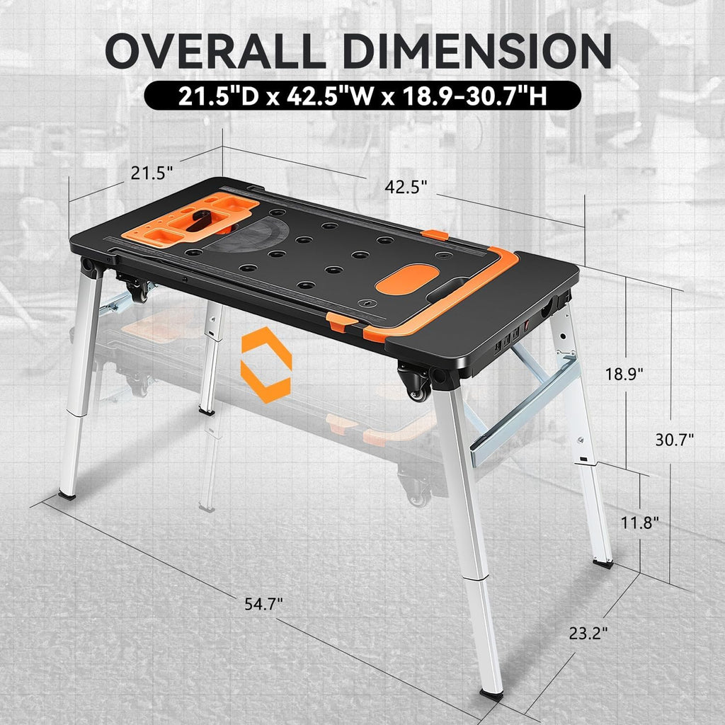 7-in-1 Folding Portable Workbench with Wheels, Multi-Functional Work Table Converts to Scaffold, Platform, Sawhorse, Car Creeper & Hand Truck
