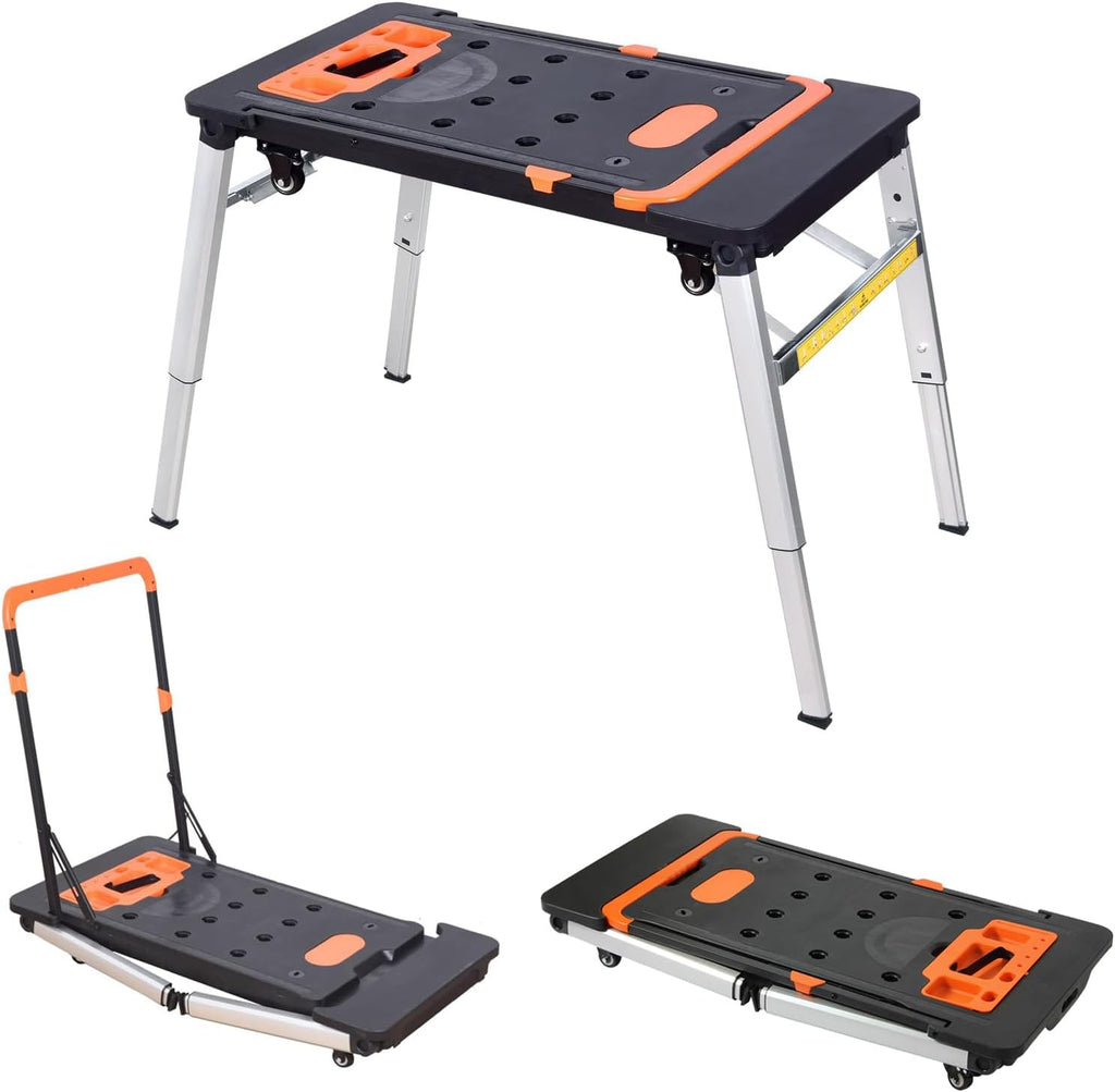 7-in-1 Folding Portable Workbench with Wheels, Multi-Functional Work Table Converts to Scaffold, Platform, Sawhorse, Car Creeper & Hand Truck