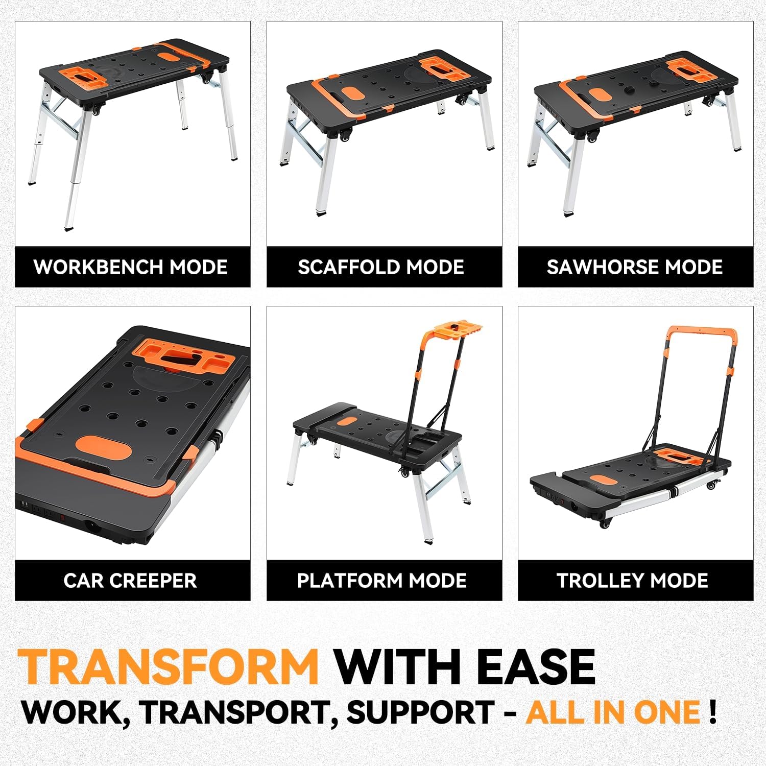 7-in-1 Folding Portable Workbench with Wheels, Multi-Functional Work Table Converts to Scaffold, Platform, Sawhorse, Car Creeper & Hand Truck