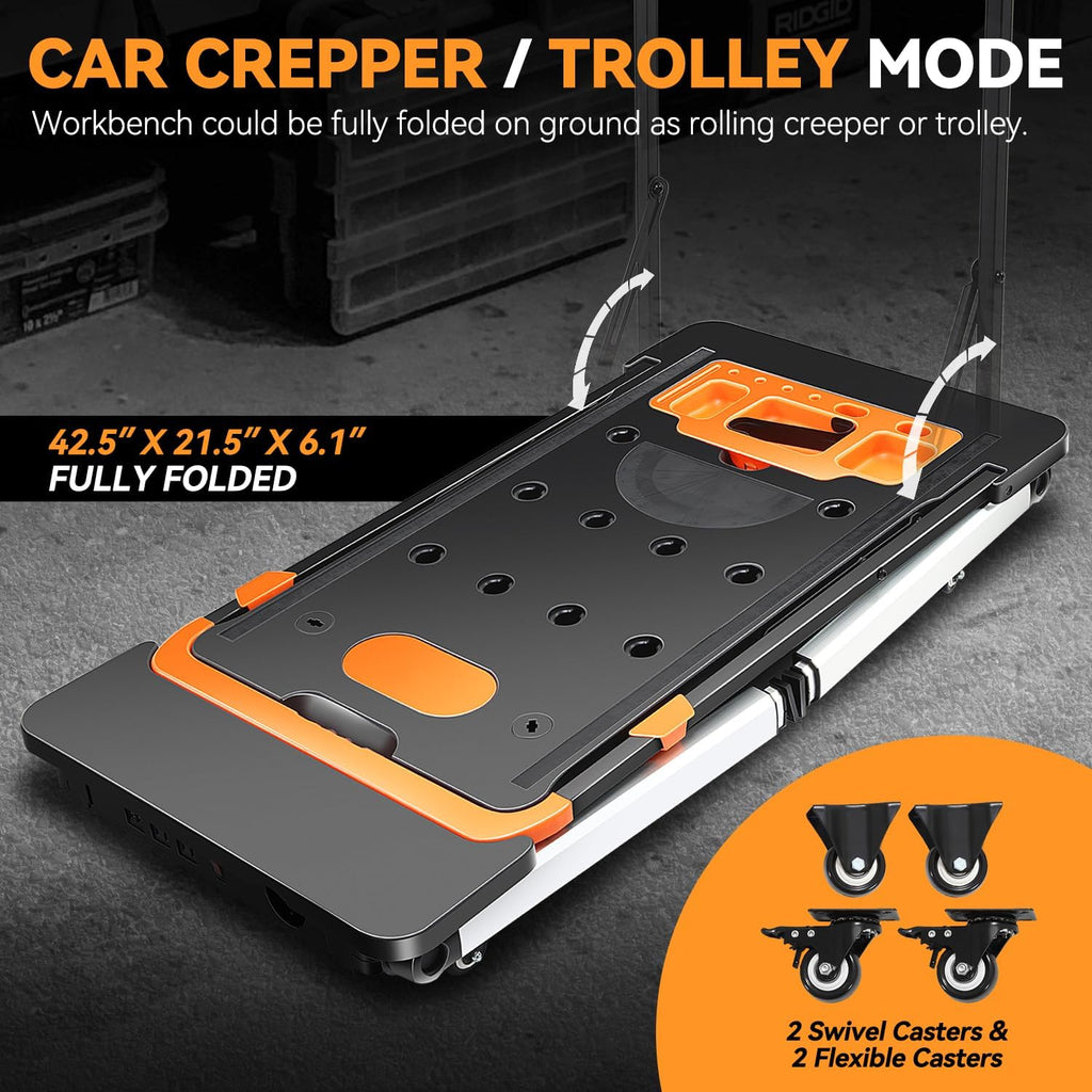 7-in-1 Folding Portable Workbench with Wheels, Multi-Functional Work Table Converts to Scaffold, Platform, Sawhorse, Car Creeper & Hand Truck