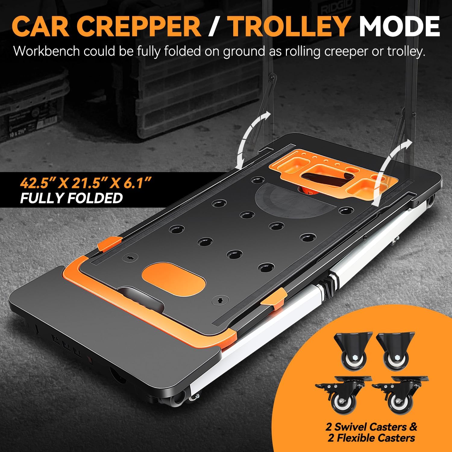 7-in-1 Folding Portable Workbench with Wheels, Multi-Functional Work Table Converts to Scaffold, Platform, Sawhorse, Car Creeper & Hand Truck