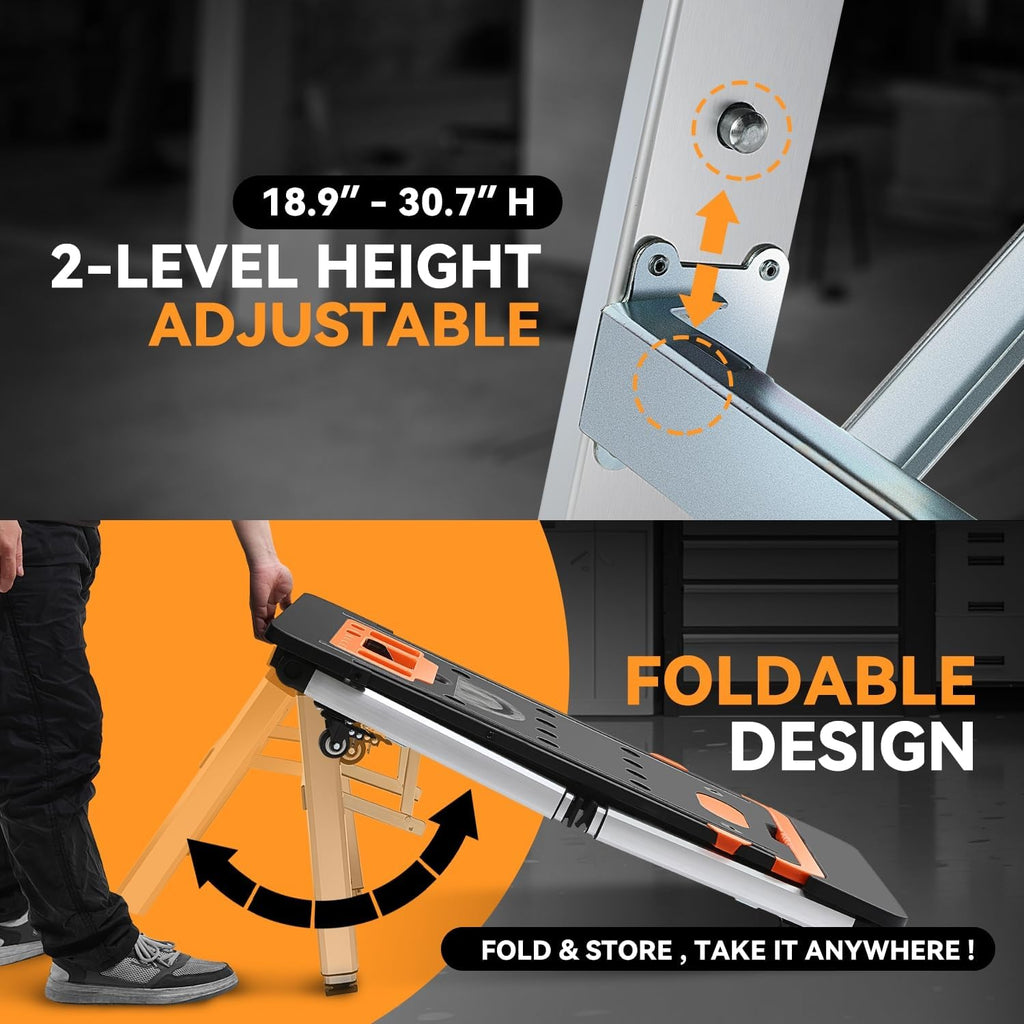 7-in-1 Folding Portable Workbench with Wheels, Multi-Functional Work Table Converts to Scaffold, Platform, Sawhorse, Car Creeper & Hand Truck