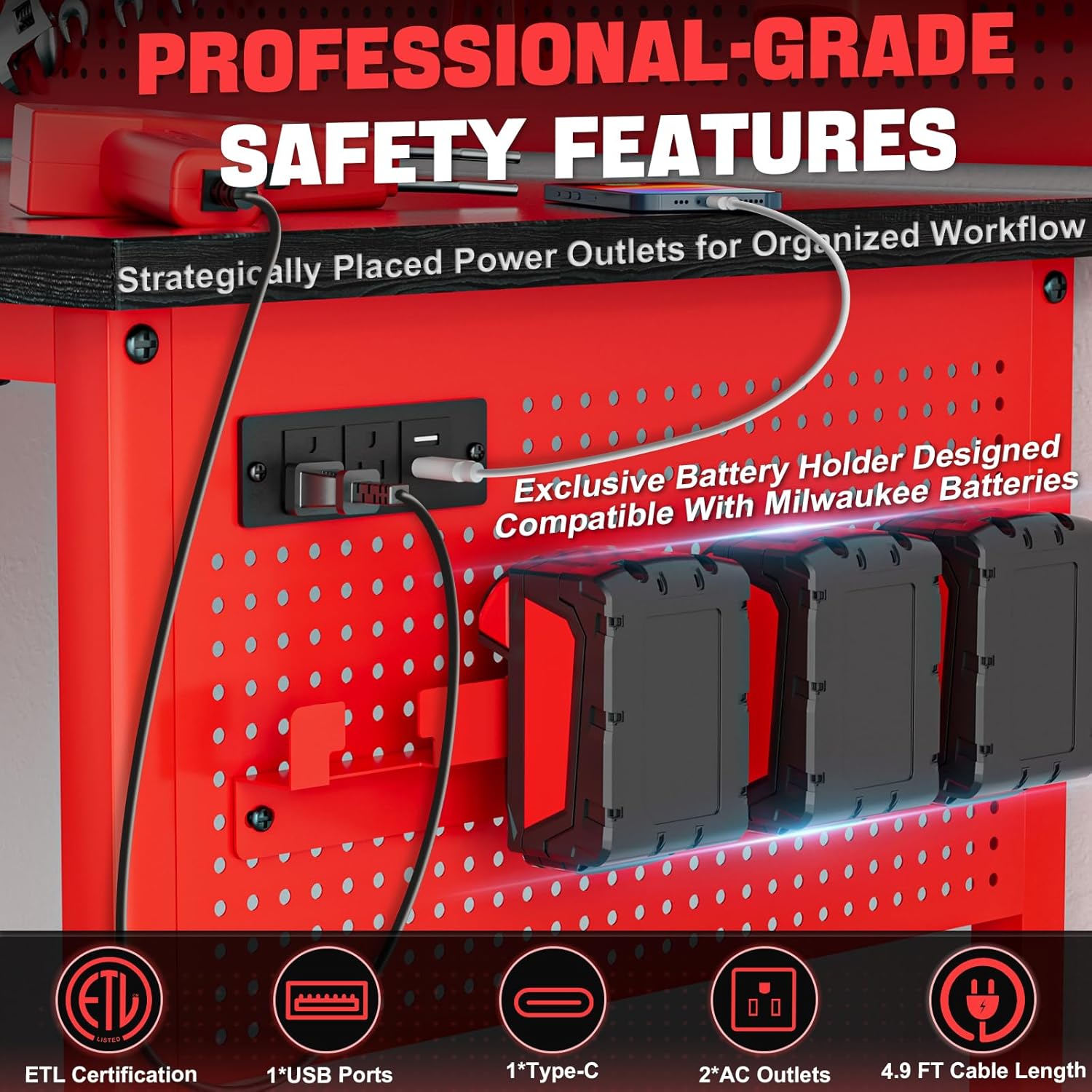 47" Heavy-Duty Workbench with Power Outlet & USB-C, Adjustable Height, 2100 lb Capacity, Locking Wheels, and Exclusive Yellow Side Battery Holder for Garage & Workshop