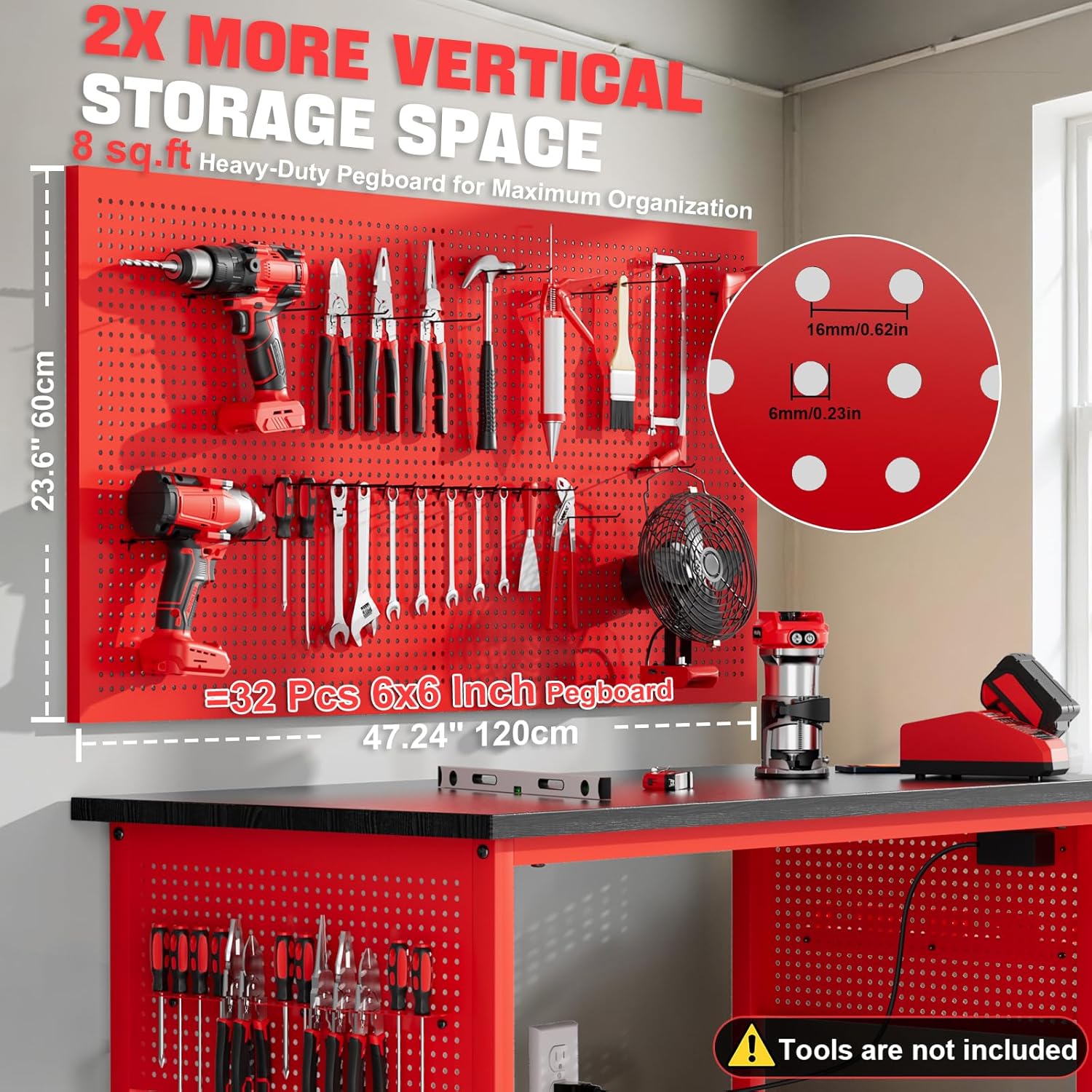 47" Heavy-Duty Workbench with Power Outlet & USB-C, Adjustable Height, 2100 lb Capacity, Locking Wheels, and Exclusive Yellow Side Battery Holder for Garage & Workshop