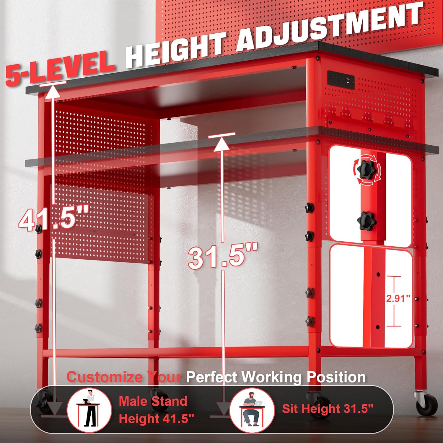 47" Heavy-Duty Workbench with Power Outlet & USB-C, Adjustable Height, 2100 lb Capacity, Locking Wheels, and Exclusive Yellow Side Battery Holder for Garage & Workshop